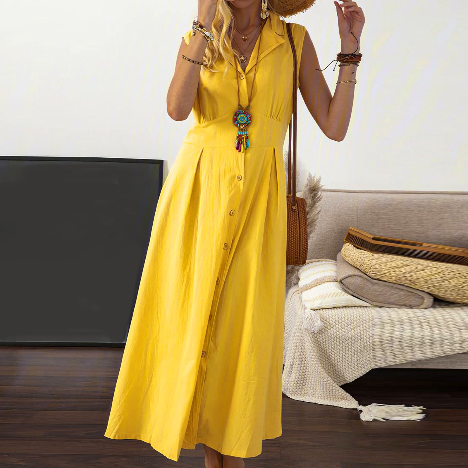 thumbnail image 3 of Vestido de verano sin mangas con cuello de solapa y botones de largo medio para mujer - Vestido de fiesta informal y holgado con cuello vuelto, 3 of 8
